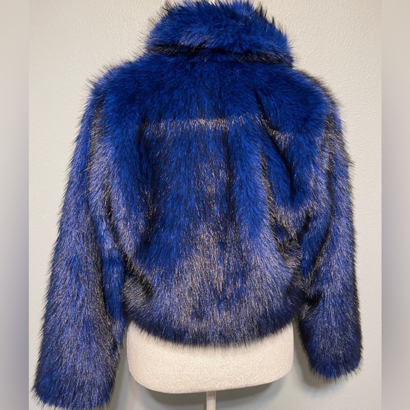 Cobalt Blue Faux Fur Jacket Women Statement Plush Glam Festival Coat Y2K Small - Picture 3 of 5